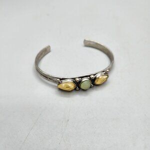 Silver Tone Cuff Bracelet Western Bohemian 3 Setting Adjustable Yellow Green